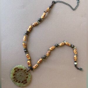 Vintage Brown & Orange Beaded Bohemian Necklace w/ Brown Carved Pedant